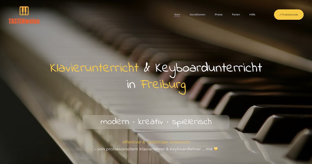 Screenshot der Startseite von tastenweise.de – Klavierunterricht Freiburg bei Jens Schmid-Ullrich